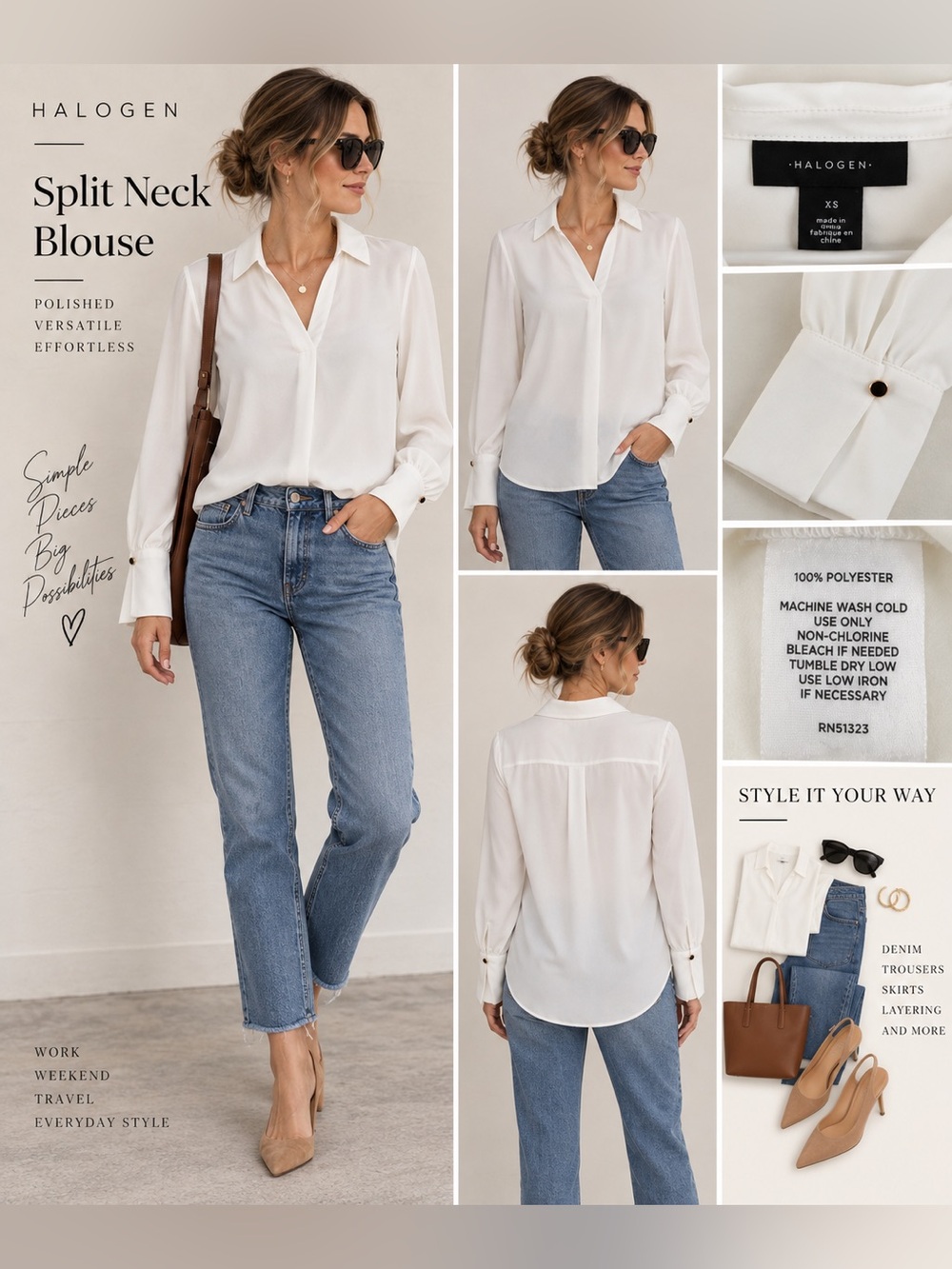 Halogen White Split Neck Long Sleeve Blouse